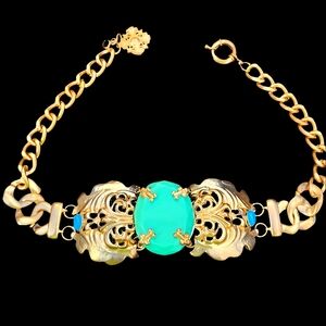 Fashion costume jewelry necklace chunky gold tone blue turquoise acrylic